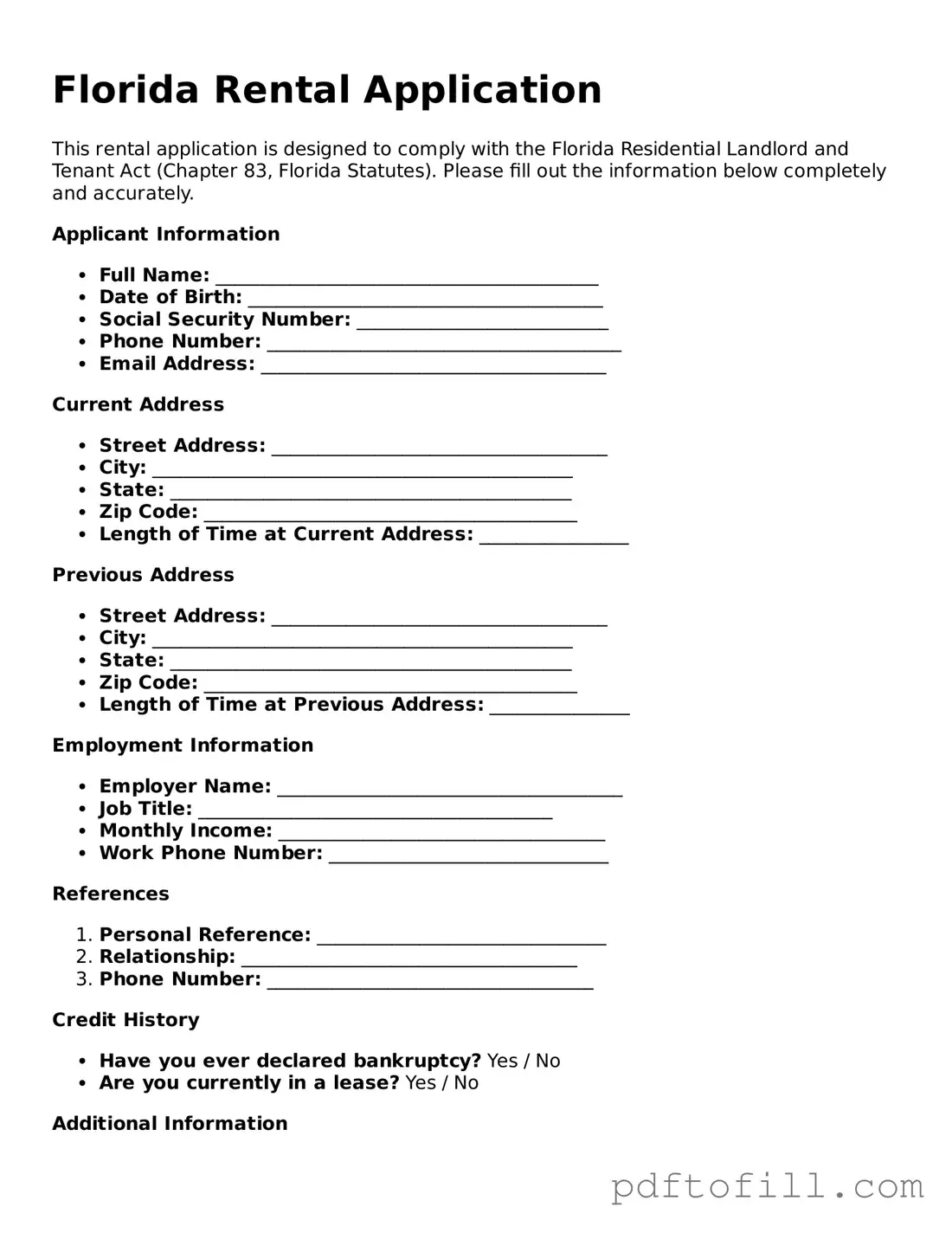 Official Florida Rental Application Form