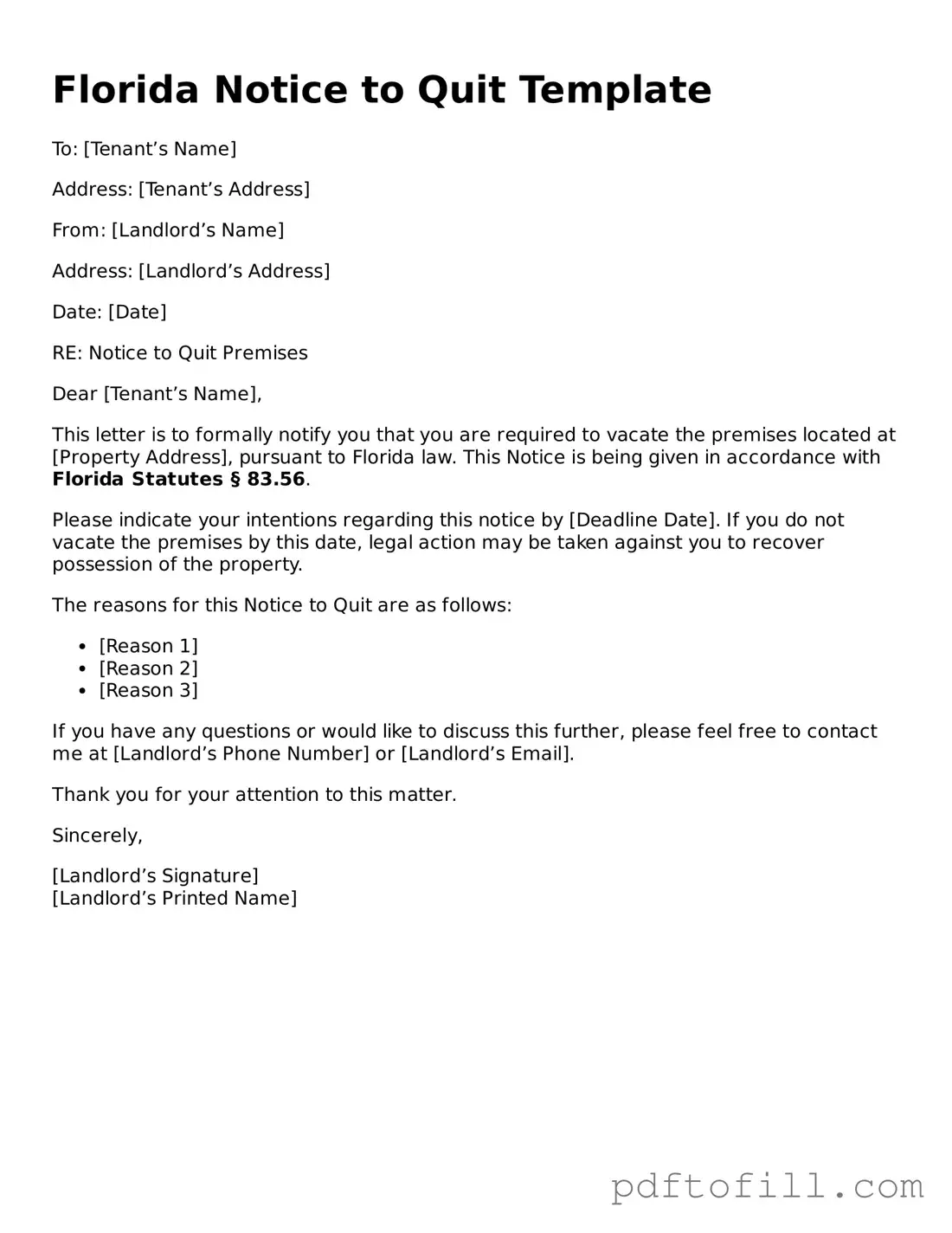 Official Florida Notice to Quit Form