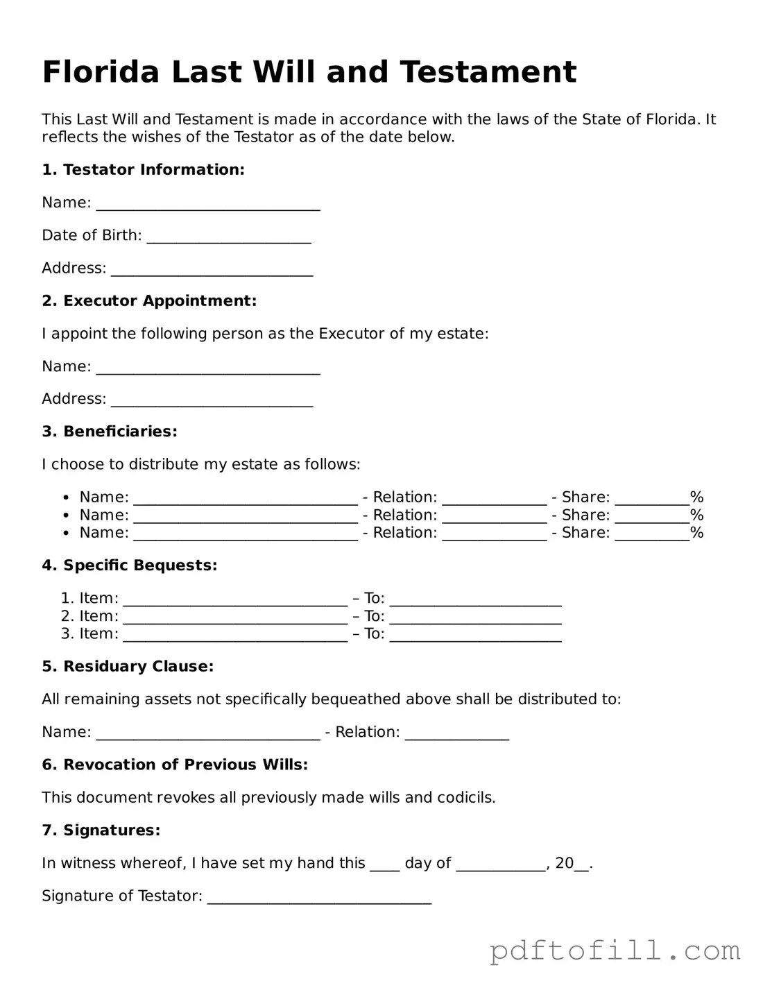 Official Florida Last Will and Testament Form