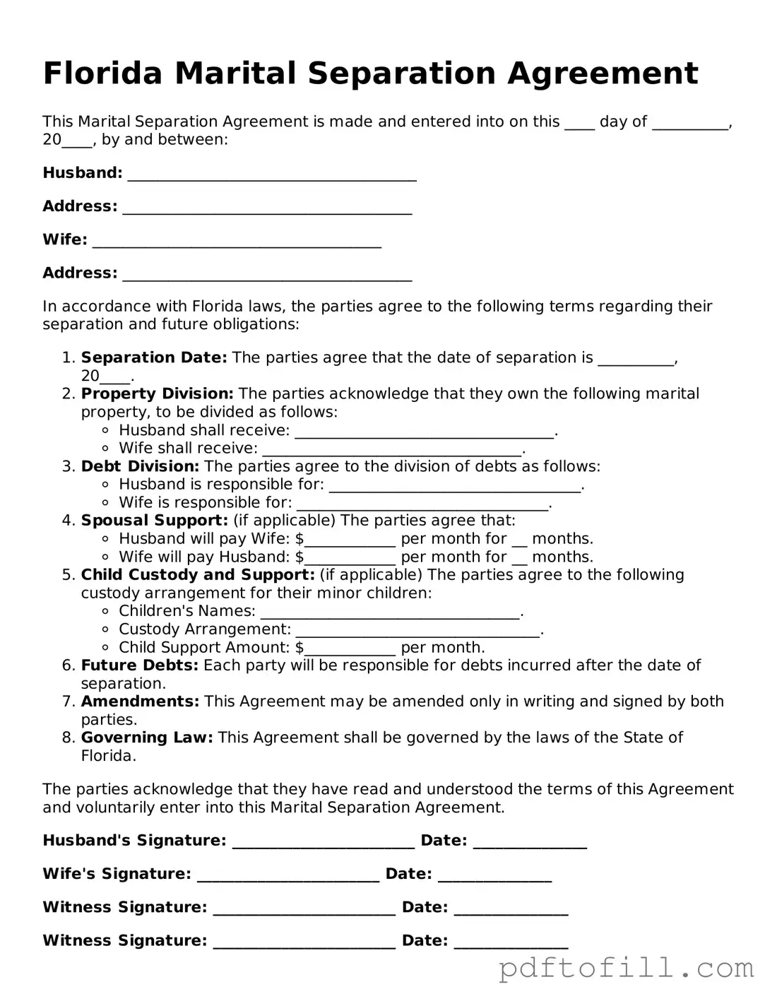 Official Florida Marital Separation Agreement Form