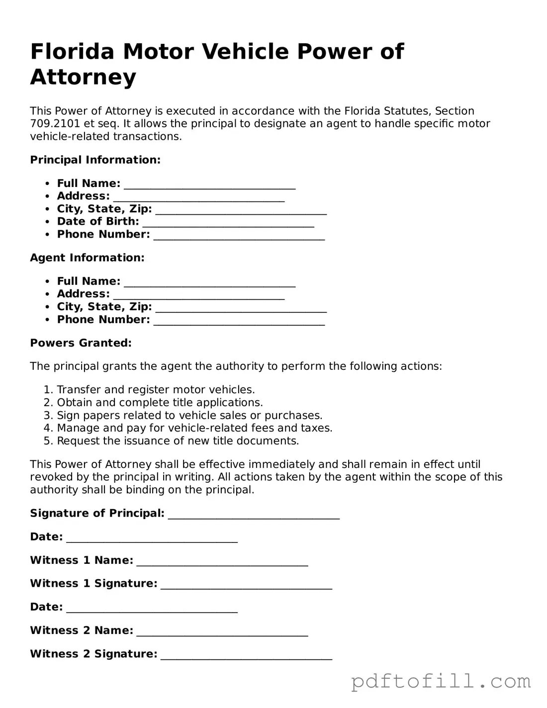 Official Florida Motor Vehicle Power of Attorney Form