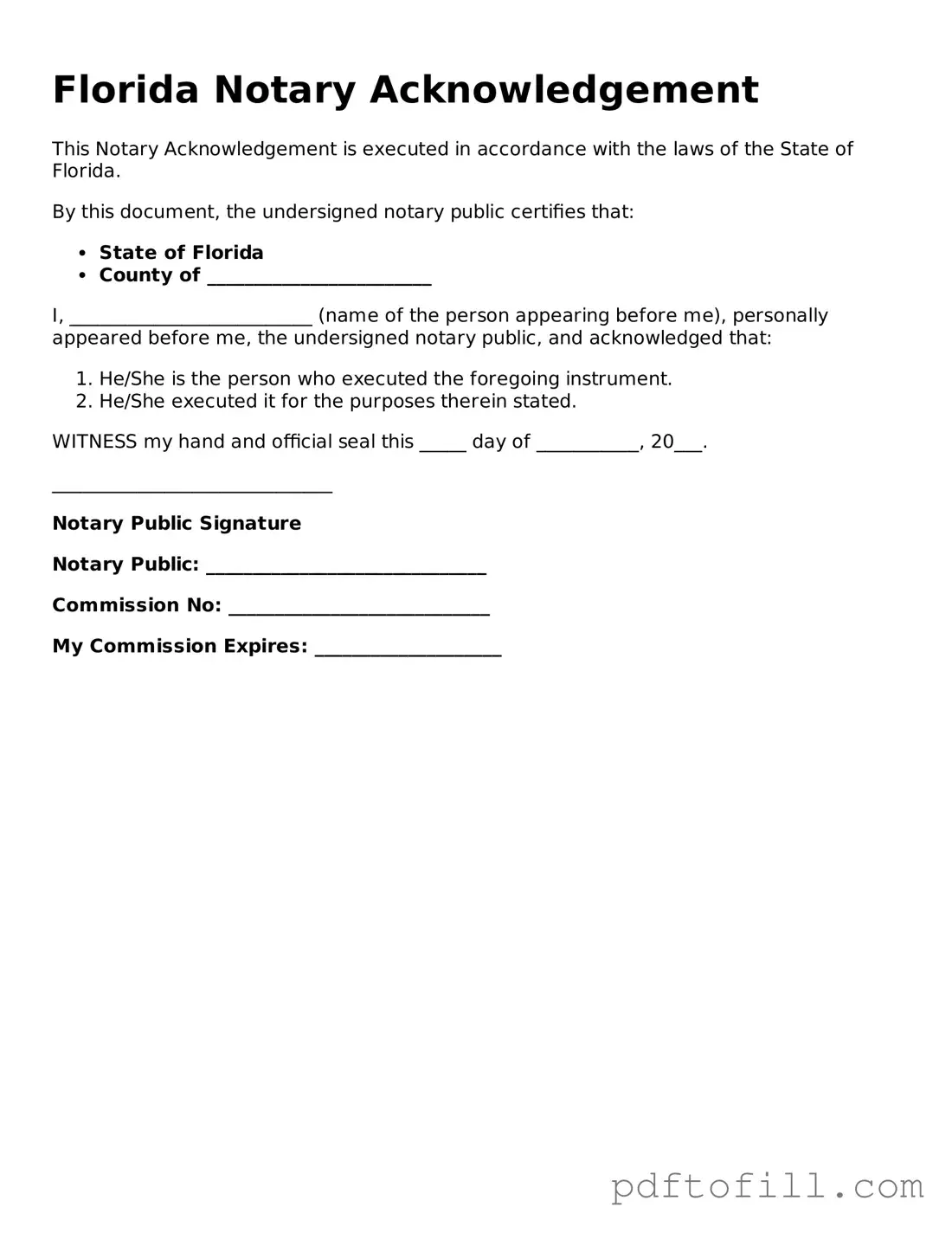 Official Florida Notary Acknowledgement Form