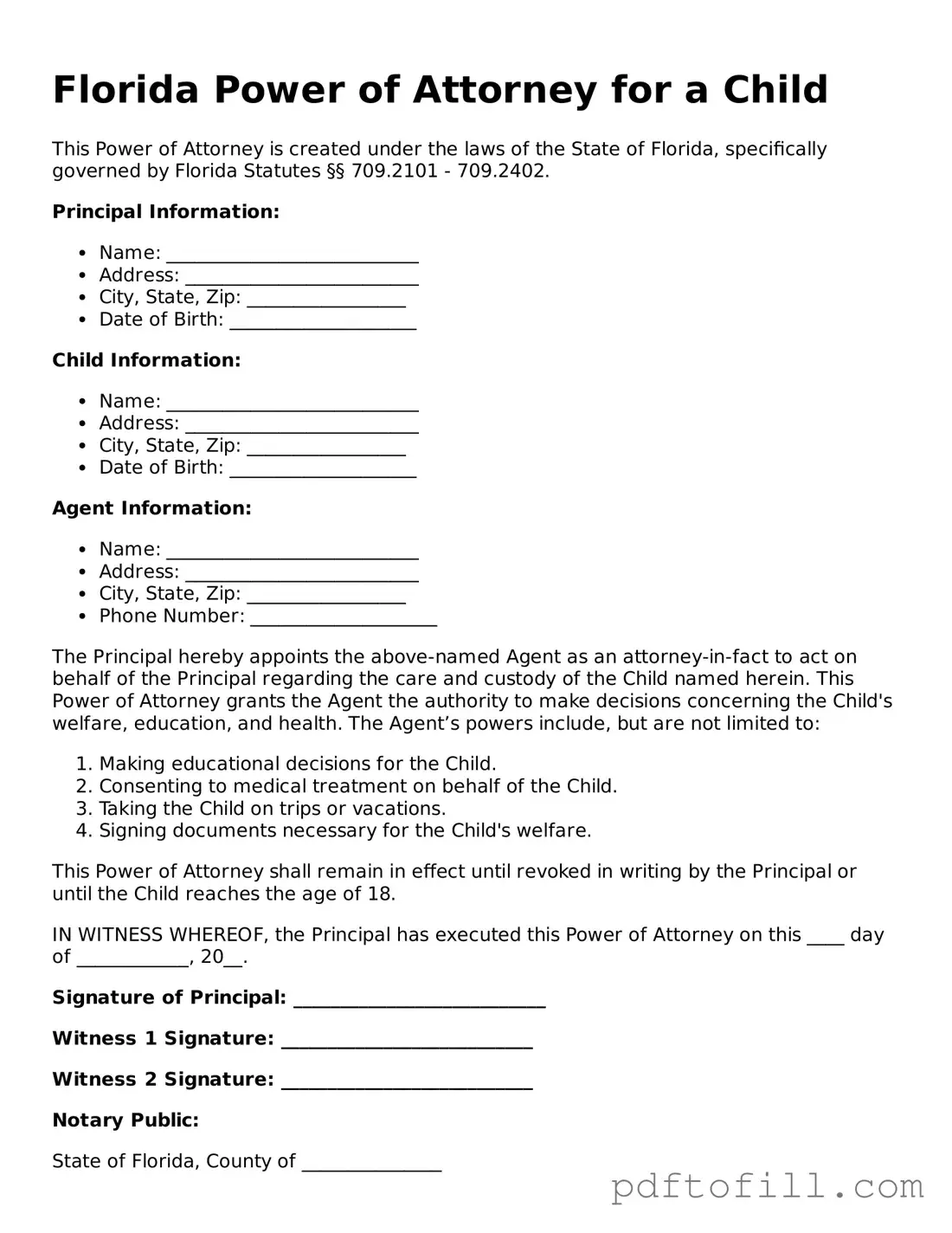 Official Florida Power of Attorney for a Child Form