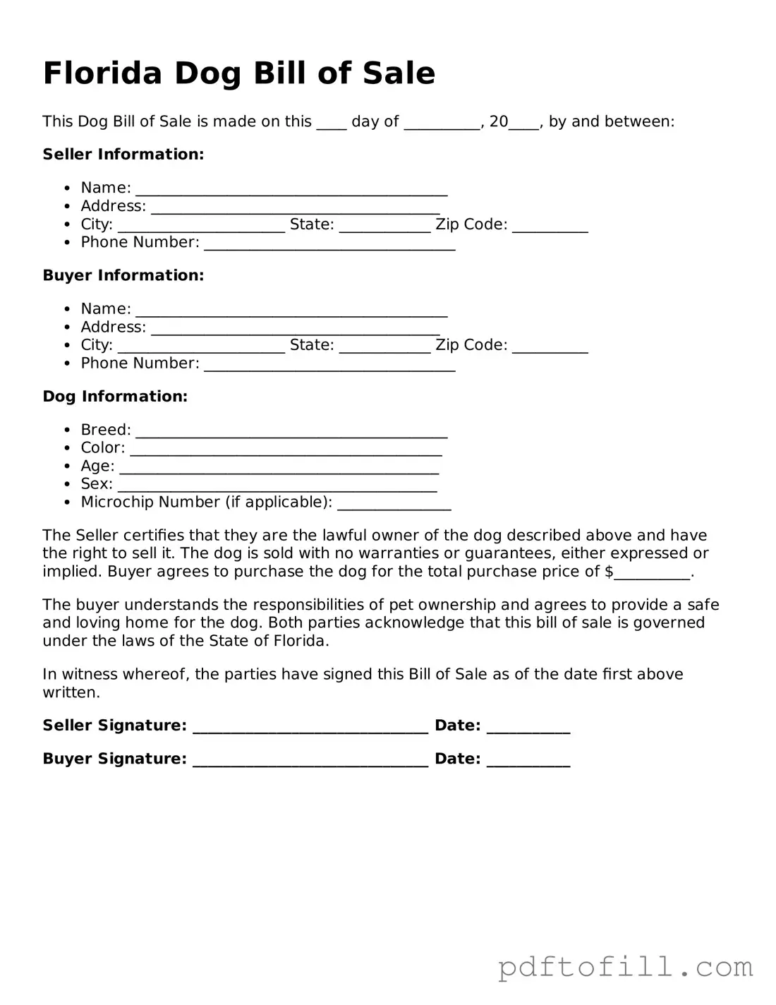 Official Florida Dog Bill of Sale Form