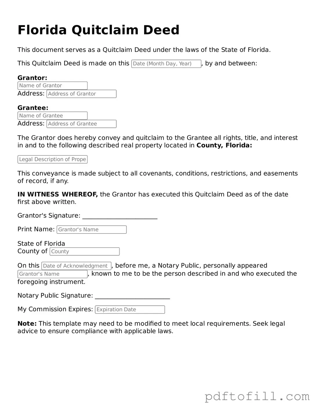 Official Florida Quitclaim Deed Form