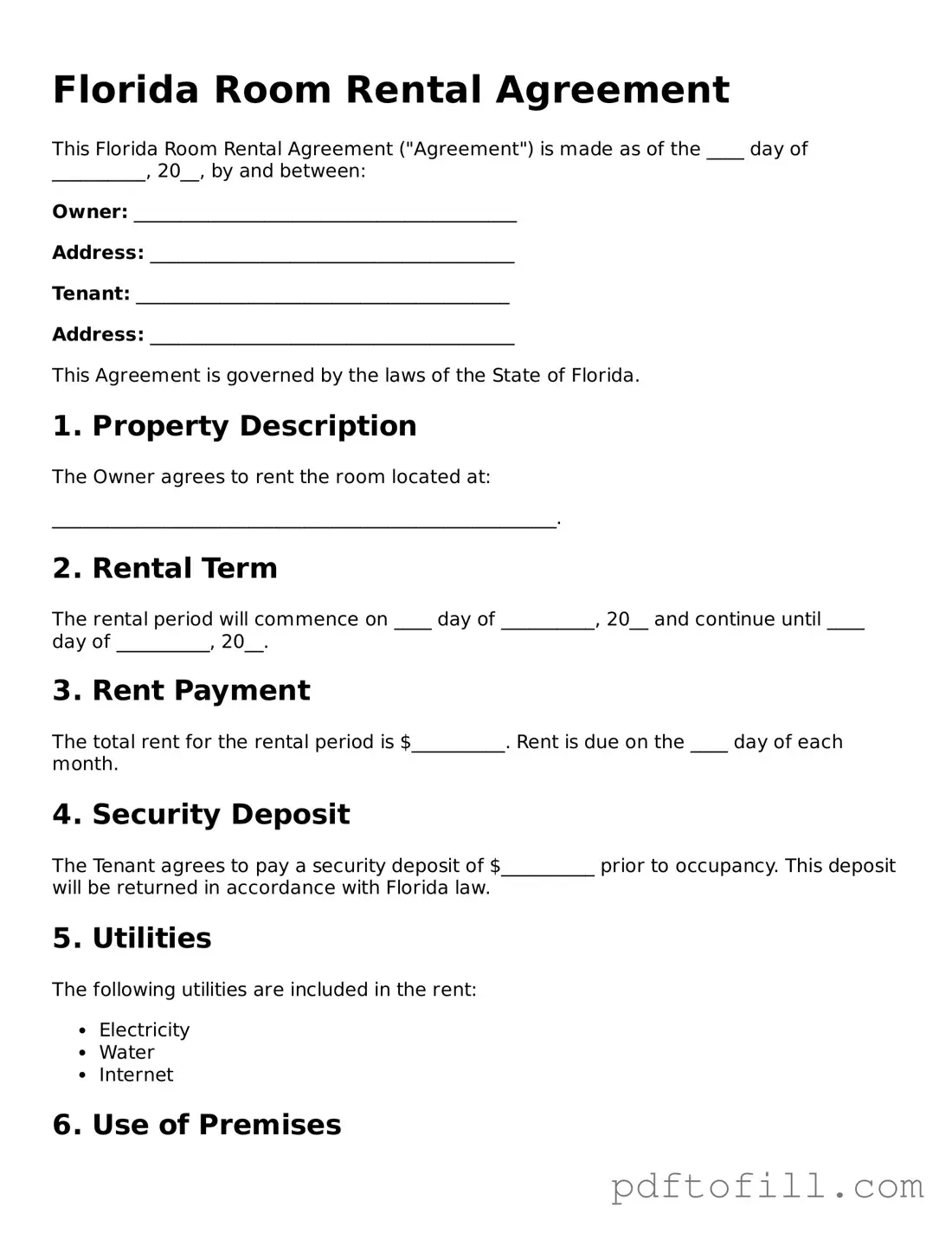 Official Florida Room Rental Agreement Form