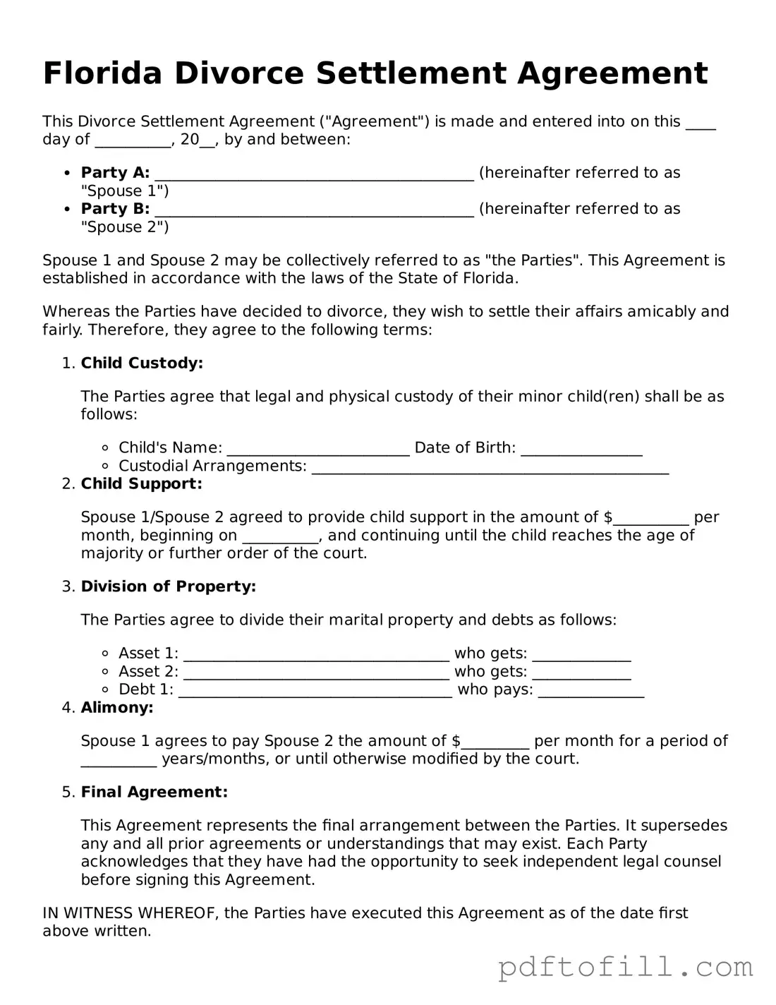 Official Florida Divorce Settlement Agreement Form