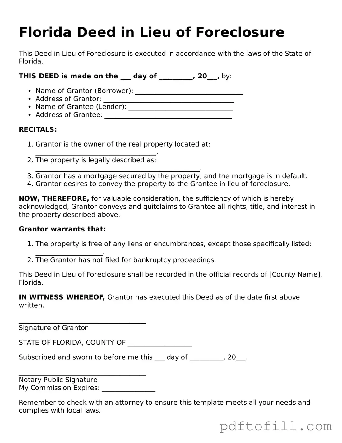 Official Florida Deed in Lieu of Foreclosure Form