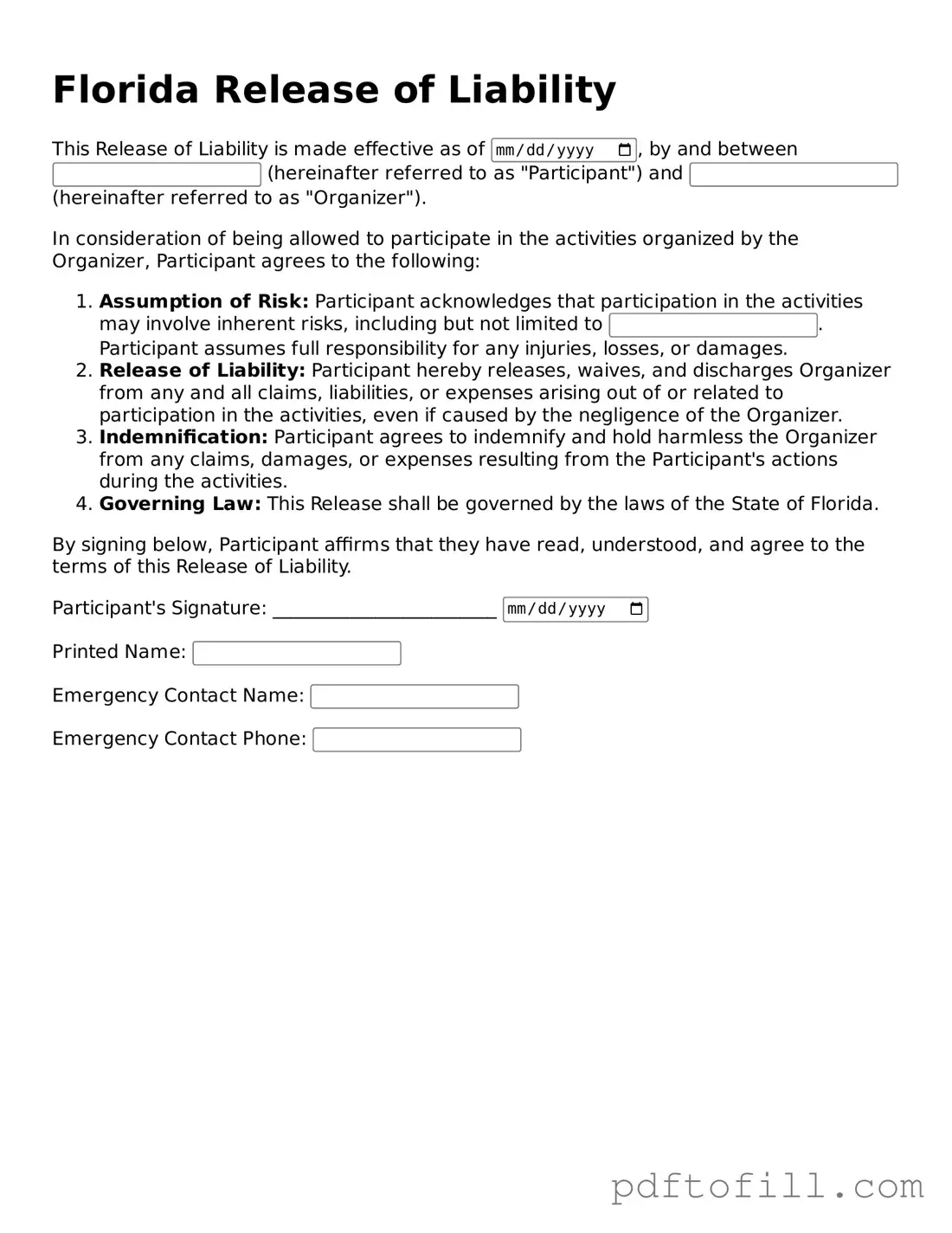 Official Florida Release of Liability Form