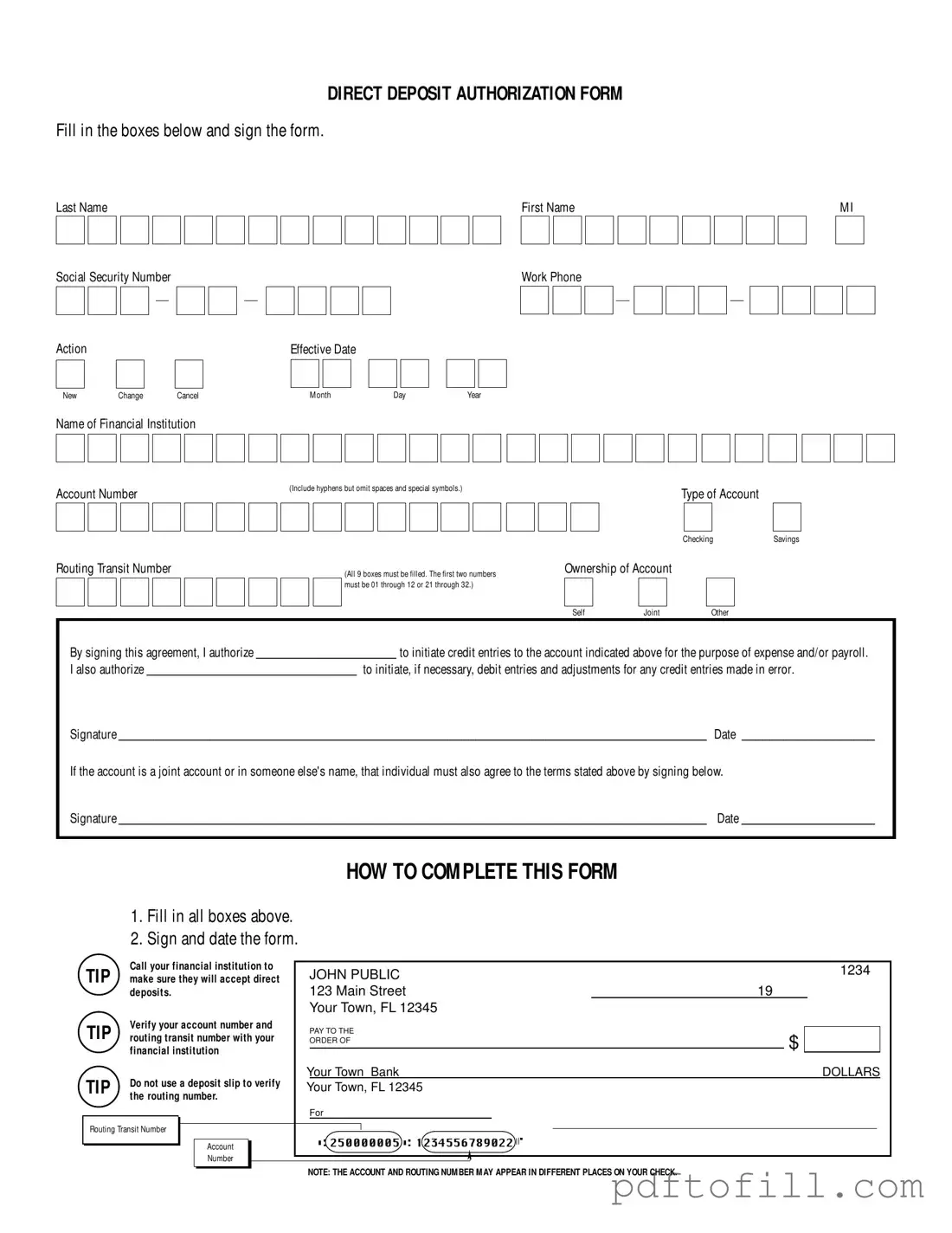 Free Generic Direct Deposit PDF Form