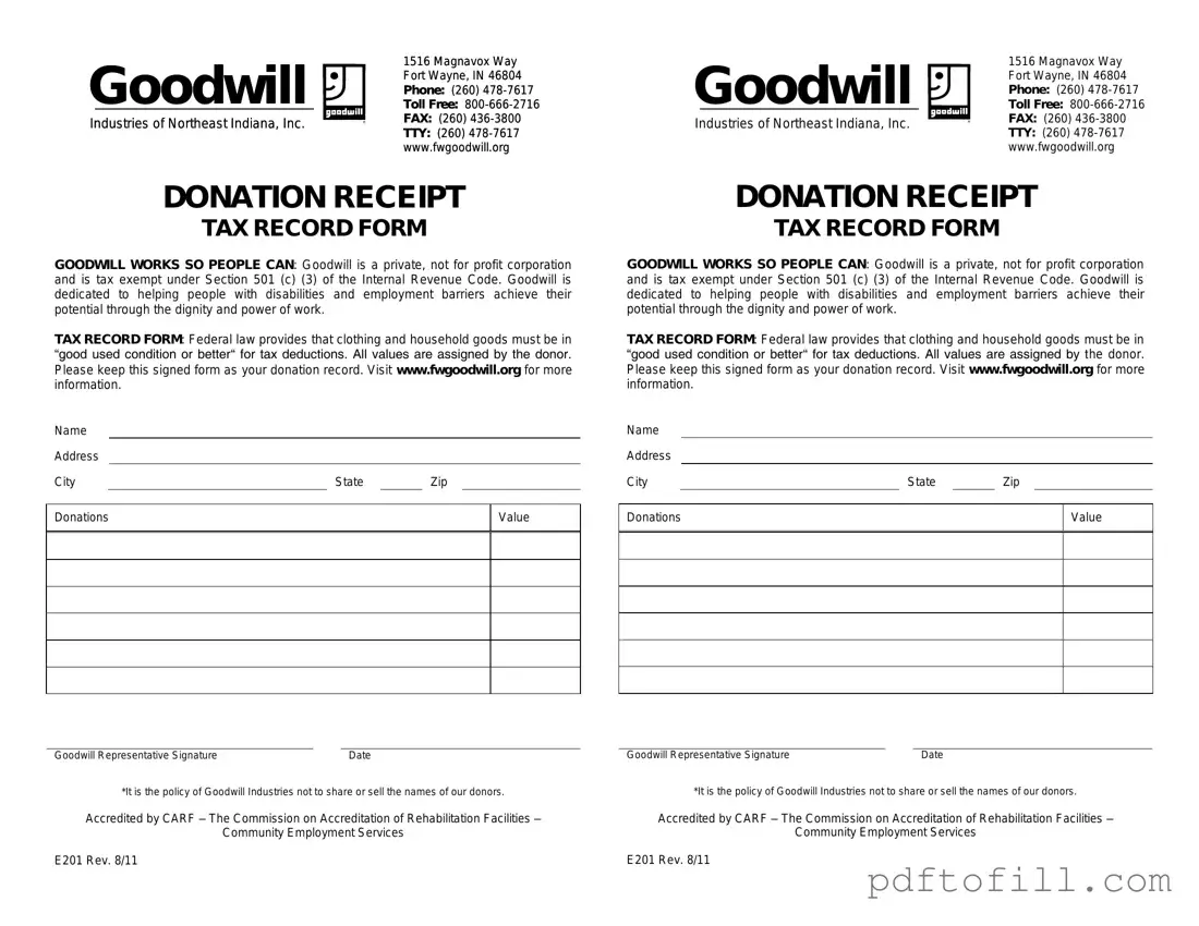 Free Goodwill donation receipt PDF Form