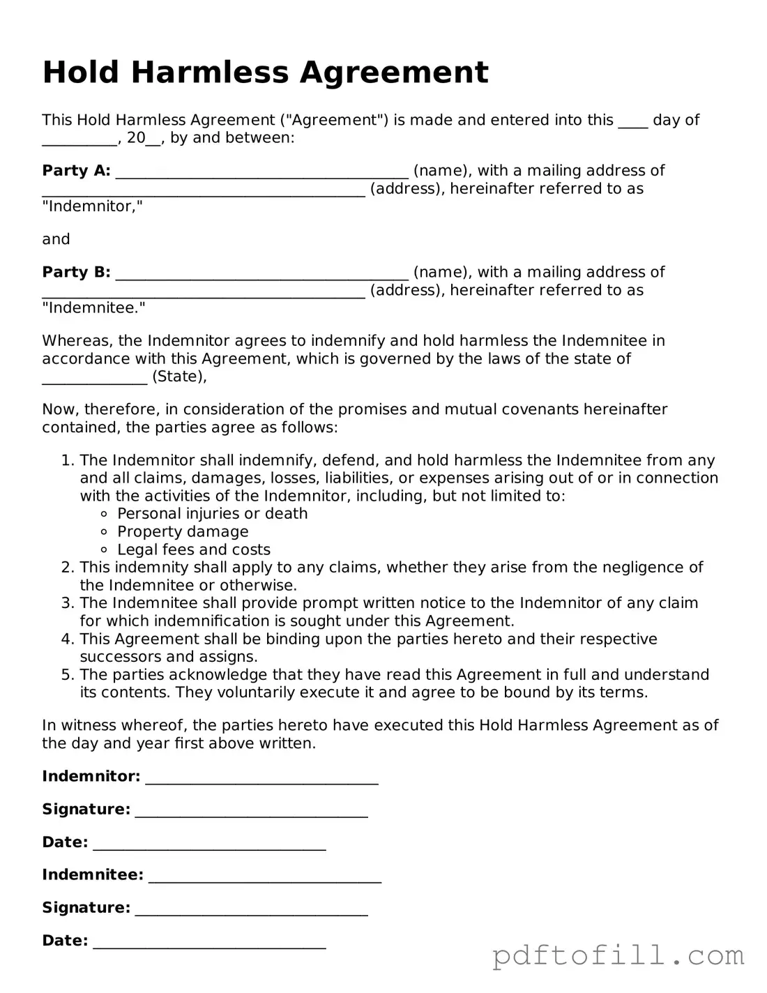 Printable Hold Harmless Agreement Template