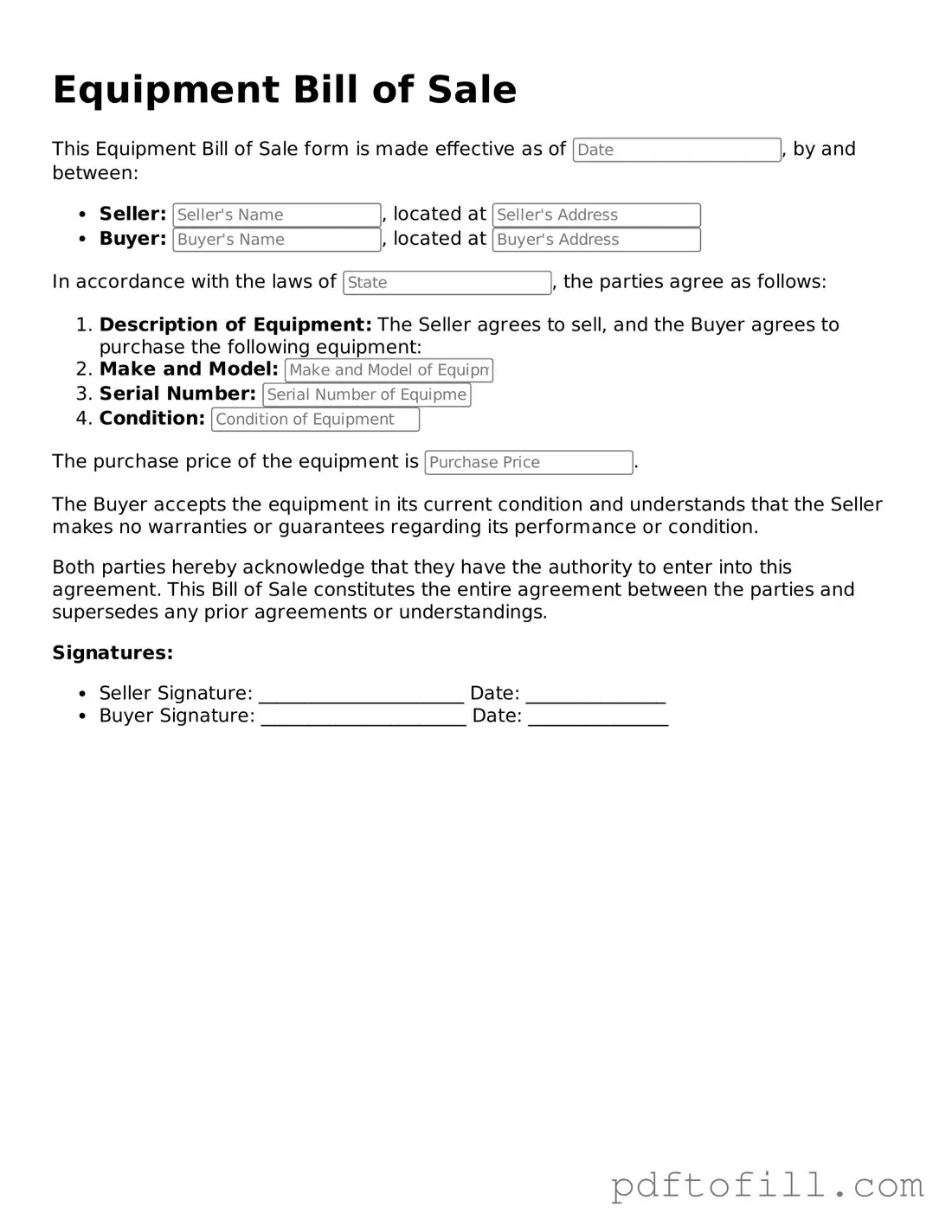 Printable Equipment Bill of Sale Template