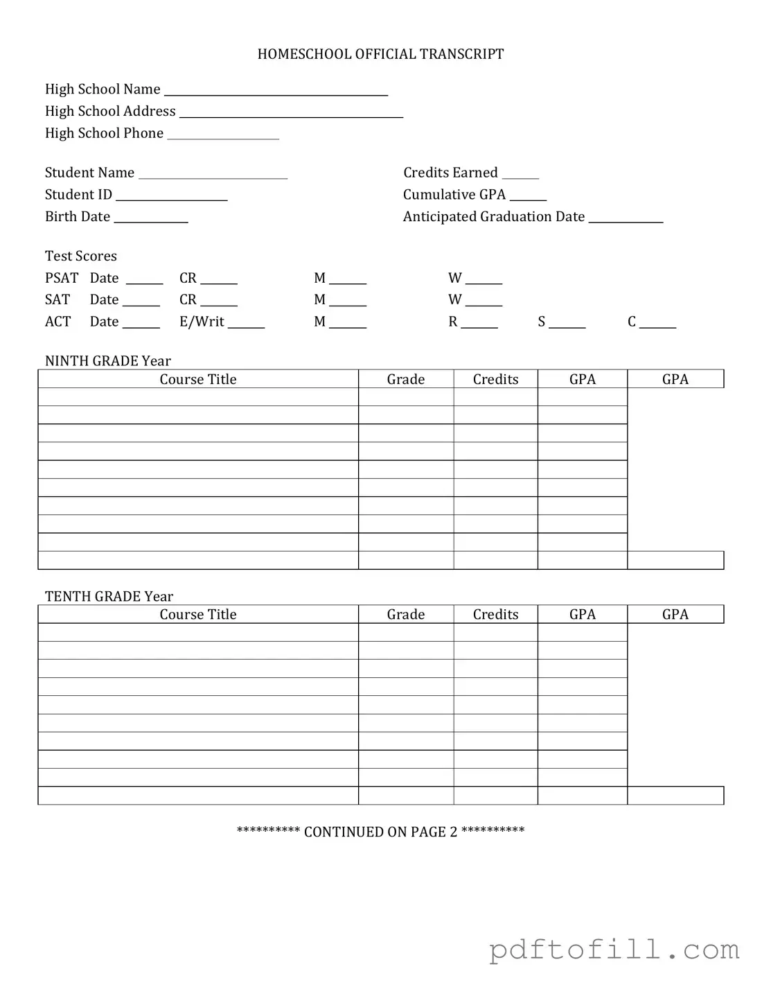 Free High School Transcript PDF Form