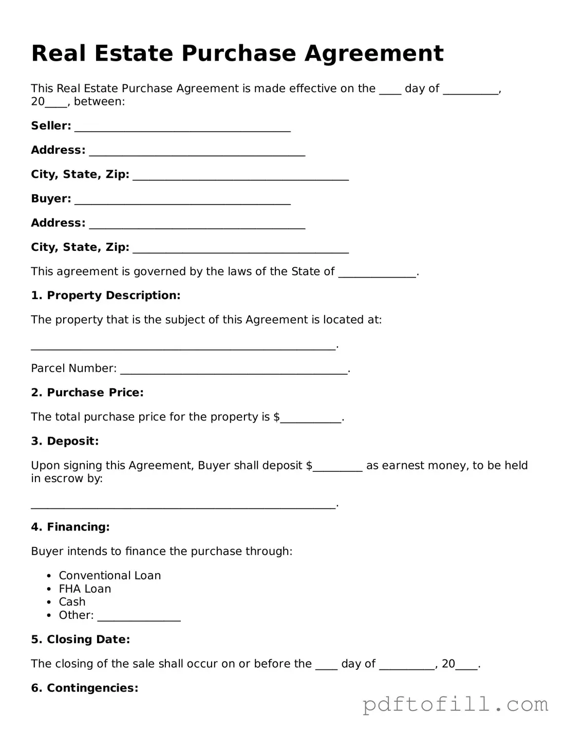 Printable Real Estate Purchase Agreement Template
