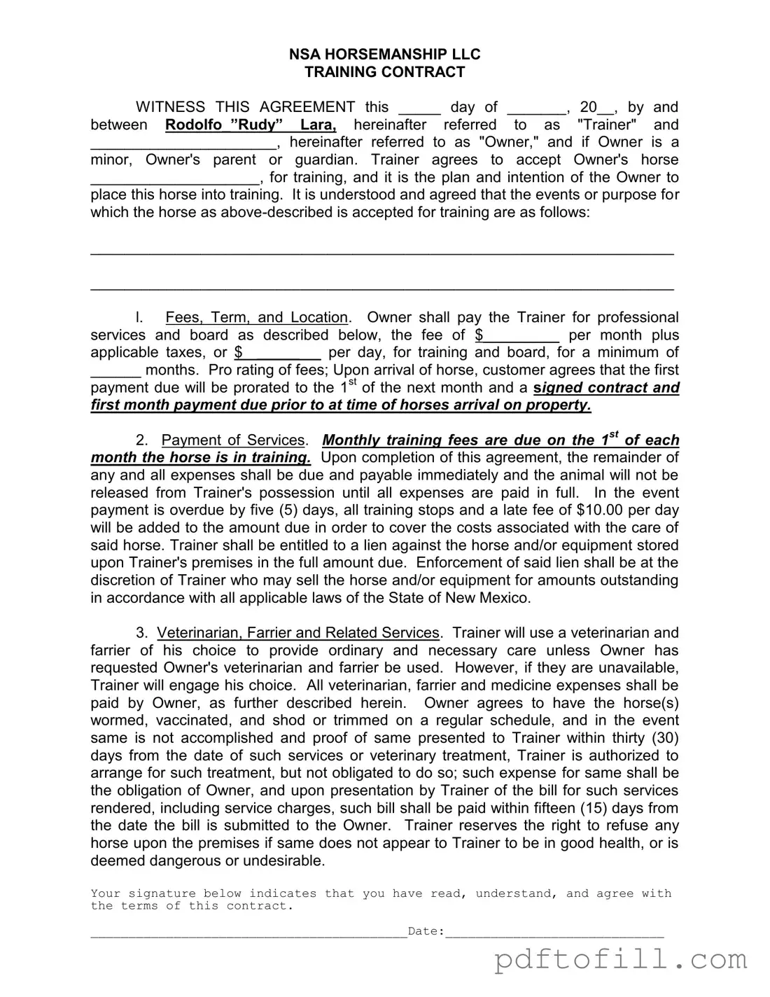Free Horse Training Contract PDF Form