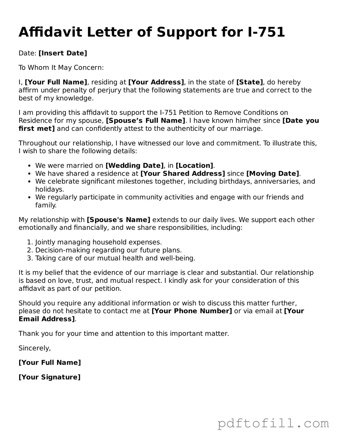 Printable Affidavit Letter of Support for I-751 Template