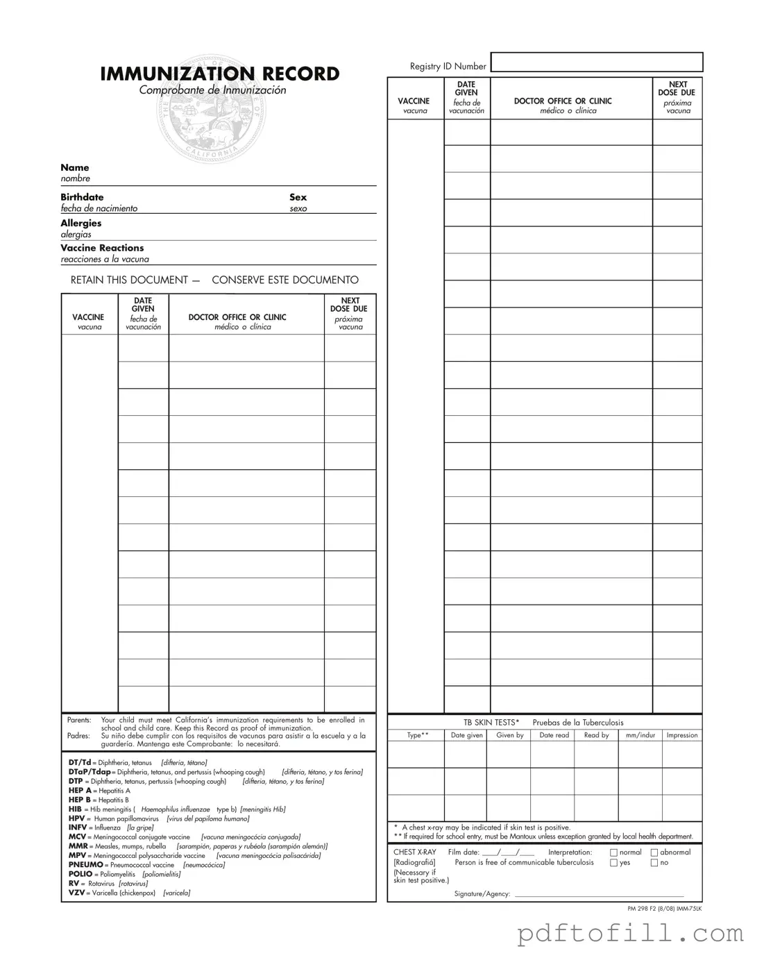 Free Immunization Record PDF Form