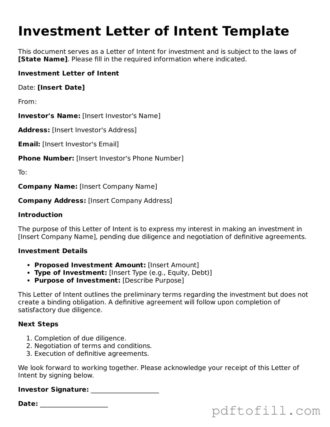 Printable Investment Letter of Intent Template