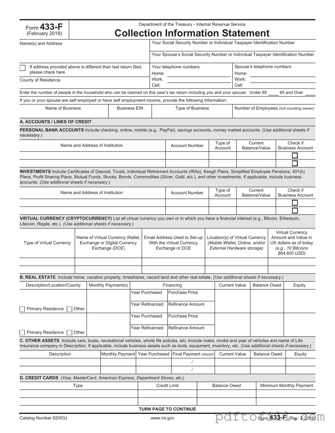 Free IRS 433-F PDF Form