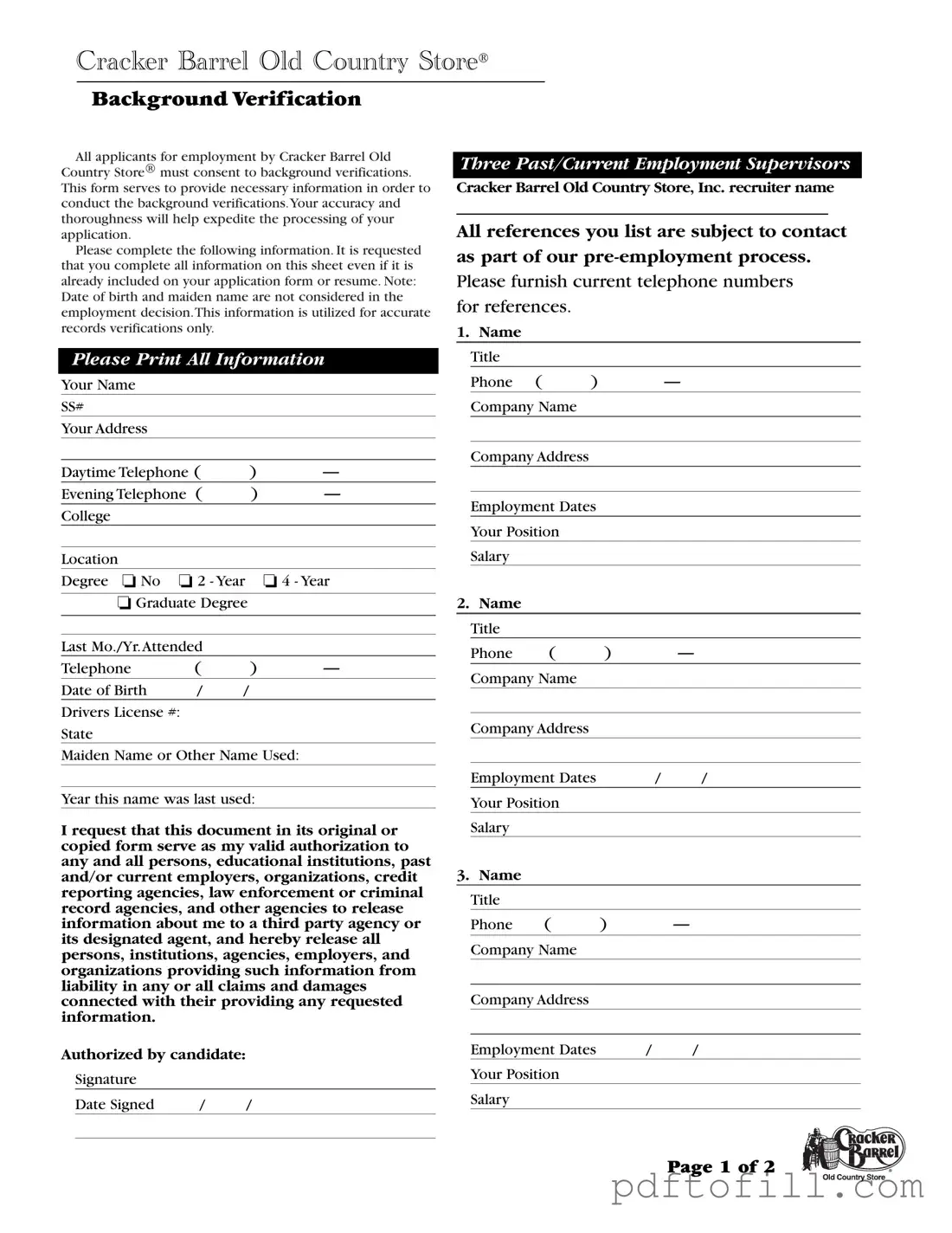 Free Cracker Barrel Background Check PDF Form