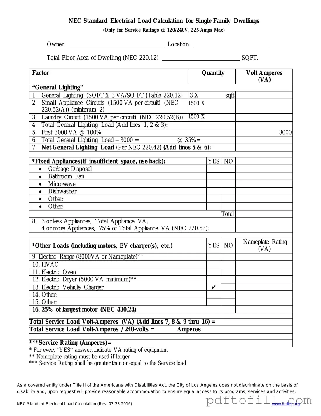Free LADBS NEC Standard Electrical Load Calculation PDF Form