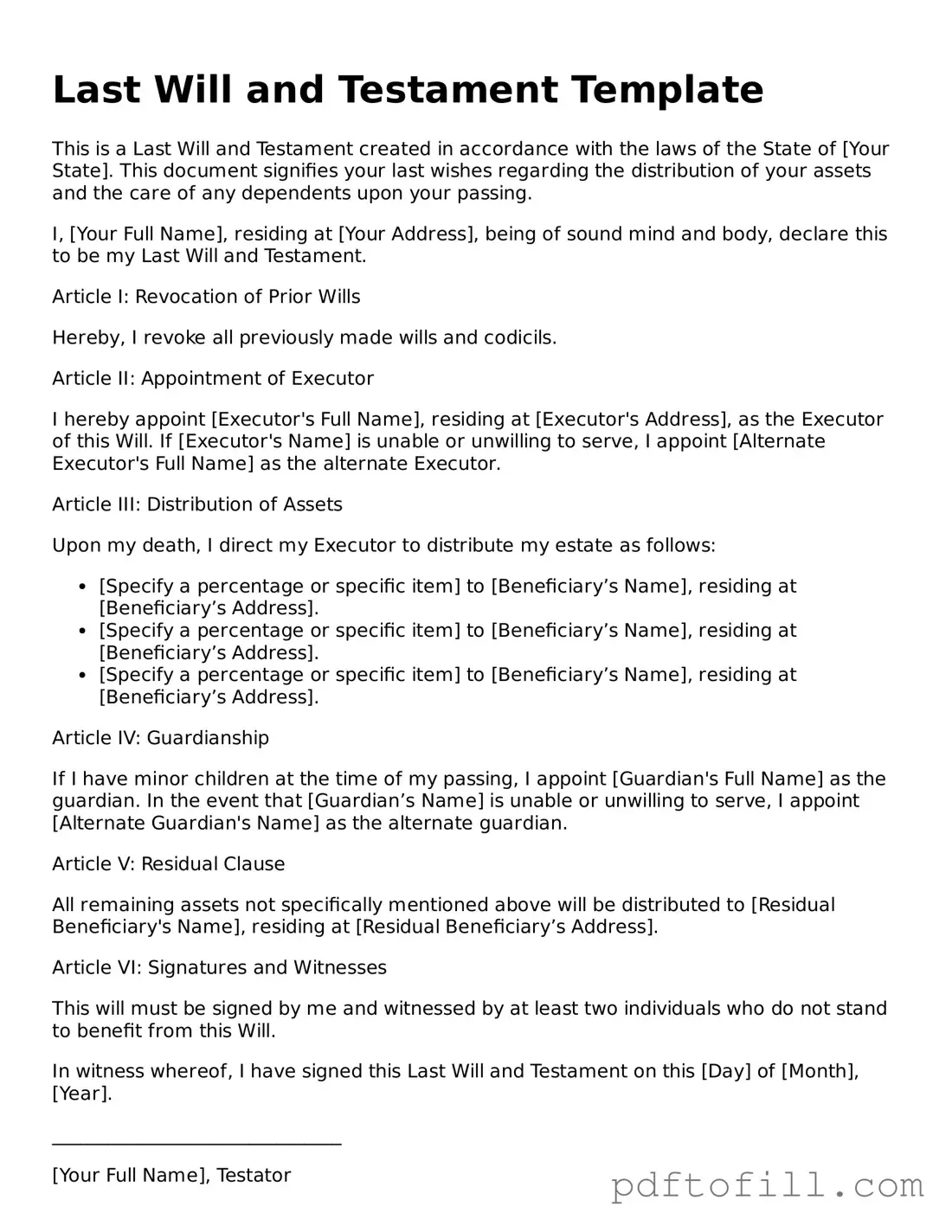 Printable Last Will and Testament Template