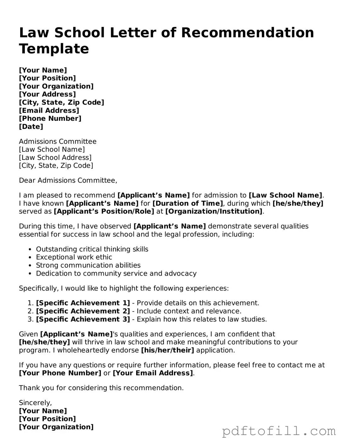 Printable Law School Letter of Recommendation Template