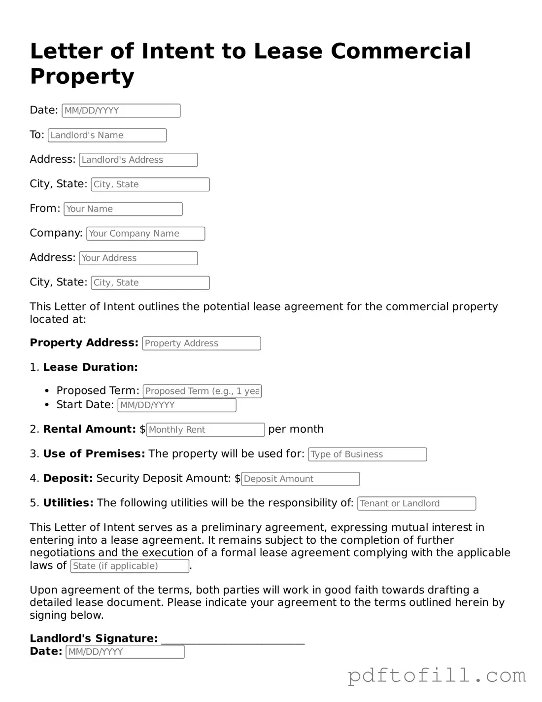 Printable Letter of Intent to Lease Commercial Property Template