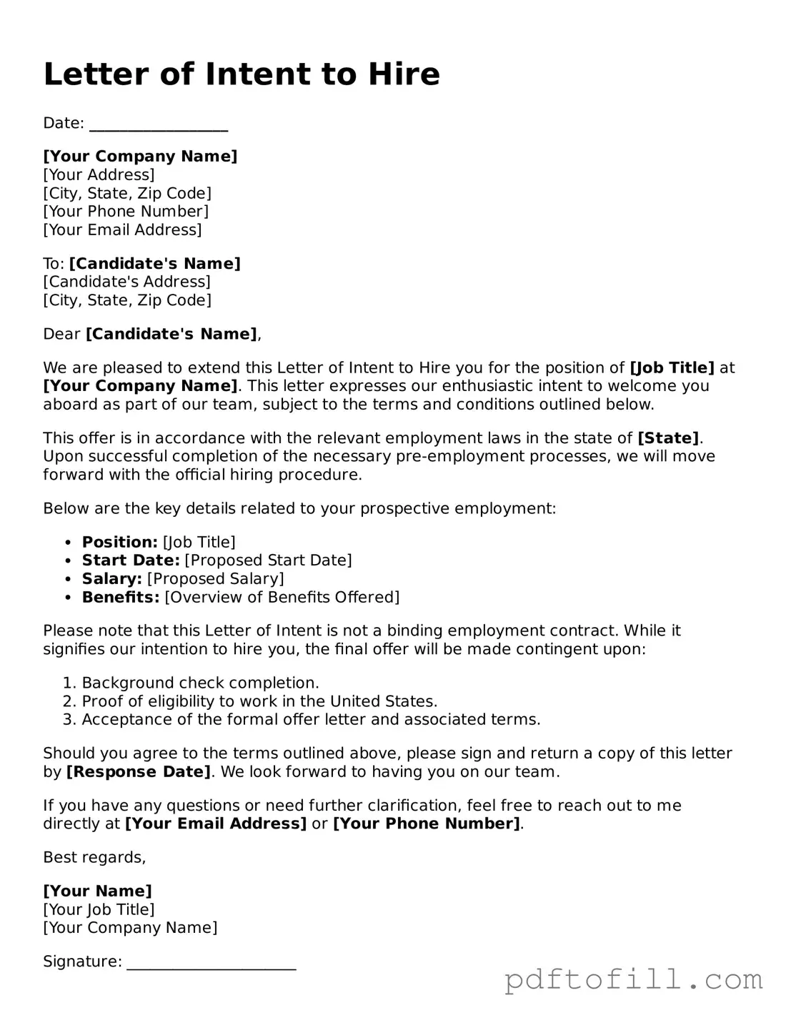 Printable Letter of Intent to Hire Template