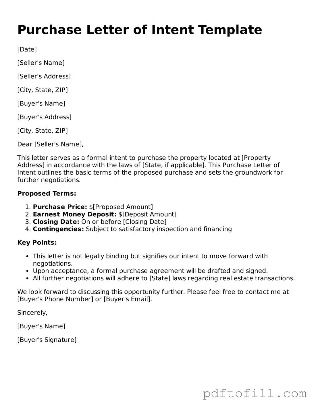 Printable Purchase Letter of Intent Template