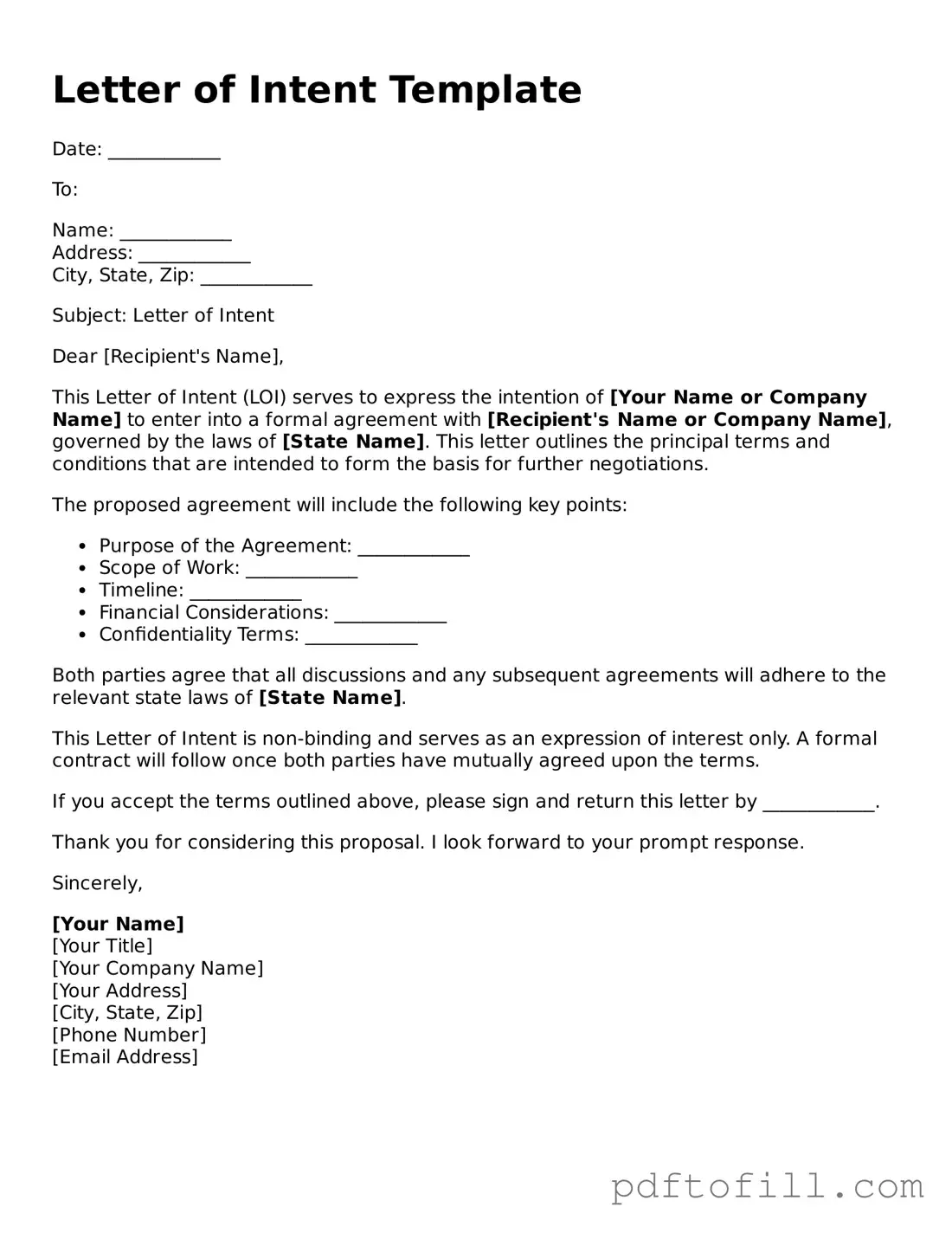 Printable Letter of Intent Template