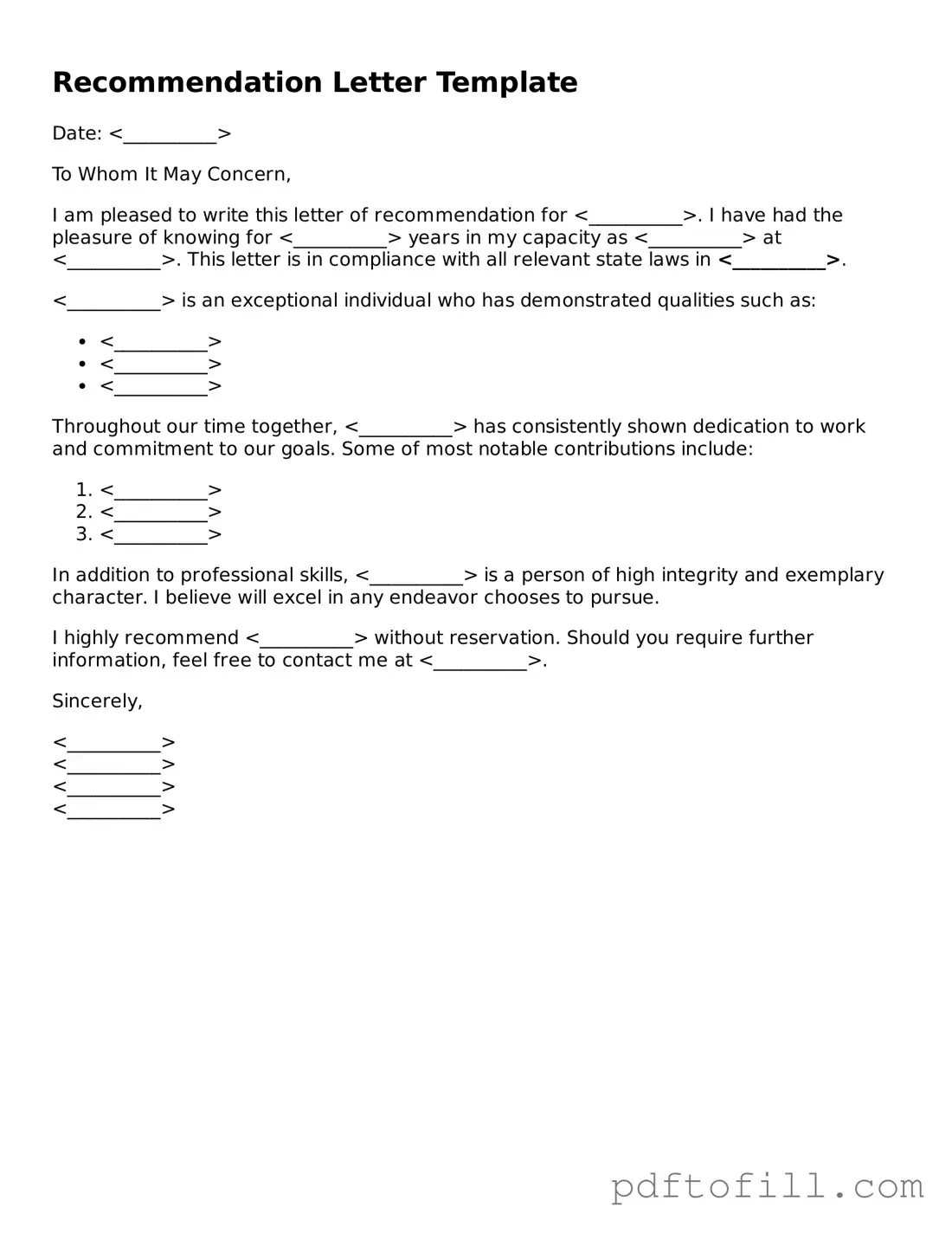 Printable Recommendation Letter Template