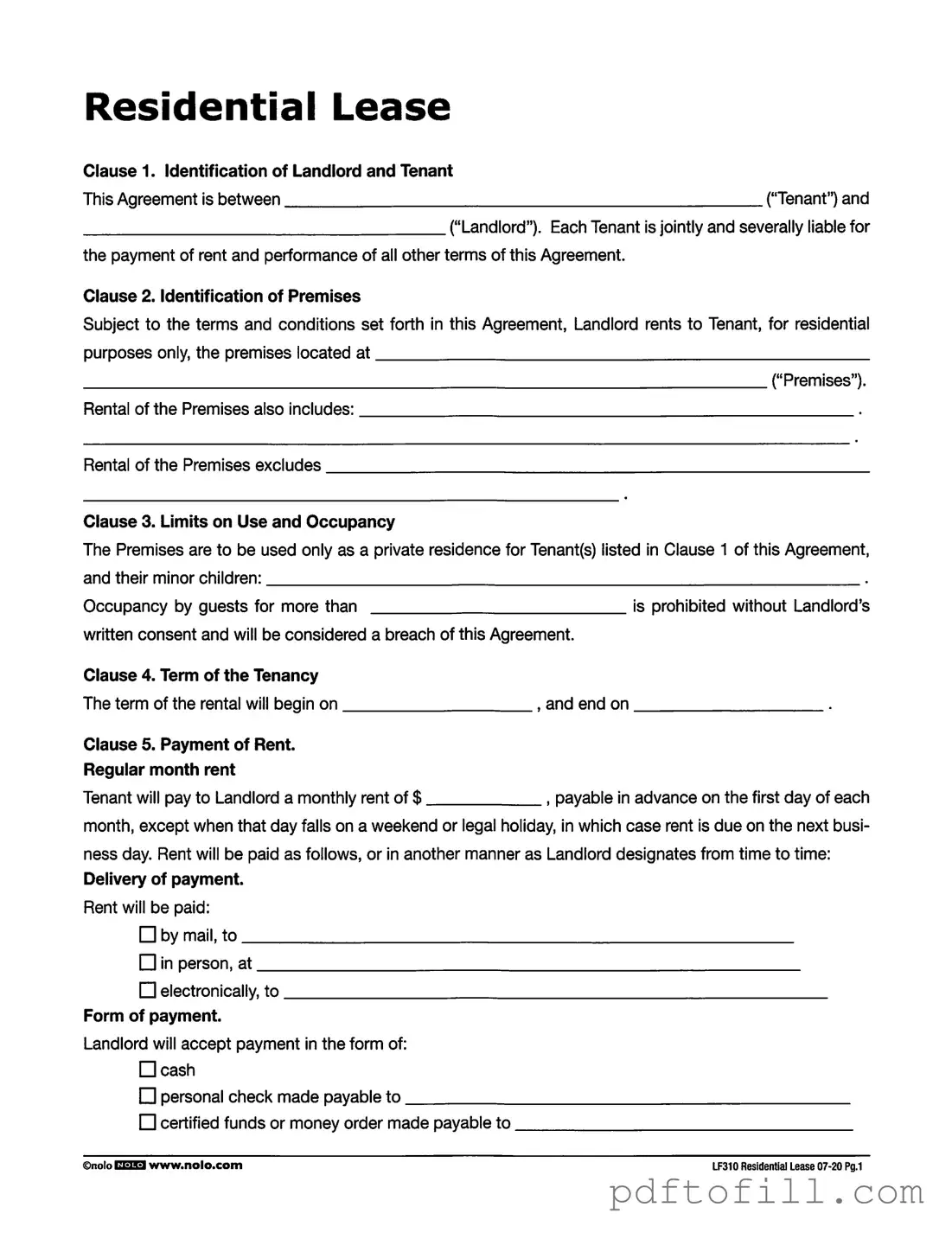 Free Lf310 Residential Lease PDF Form
