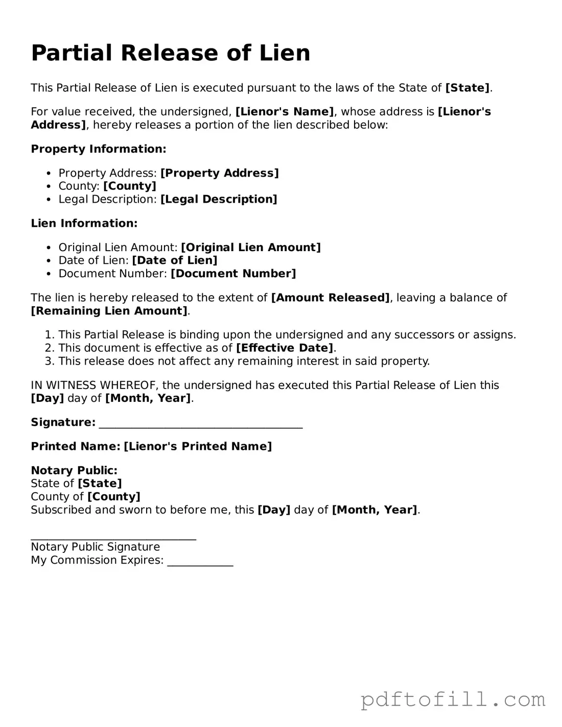 Printable Partial Release of Lien Template