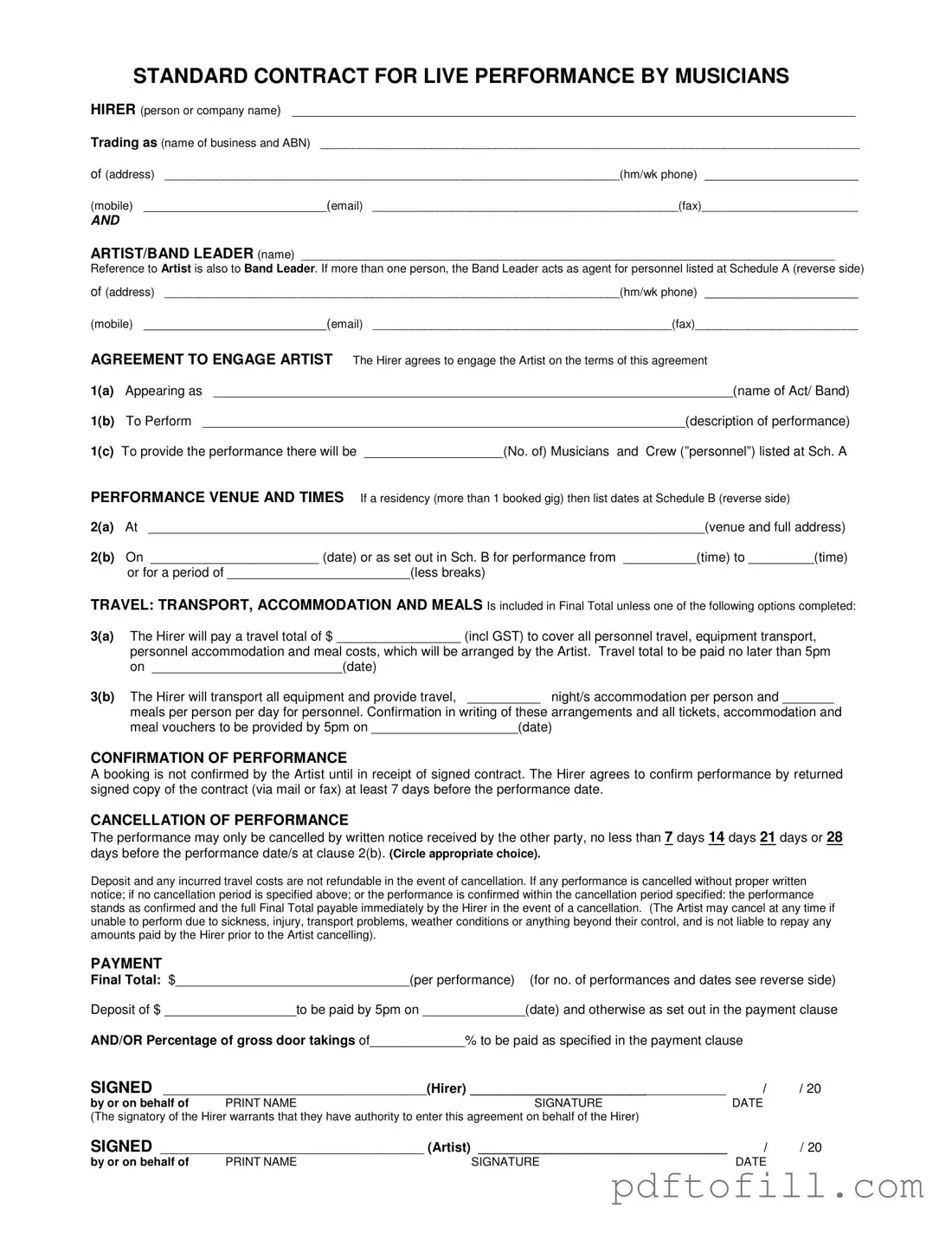 Free Live Performance Contract PDF Form
