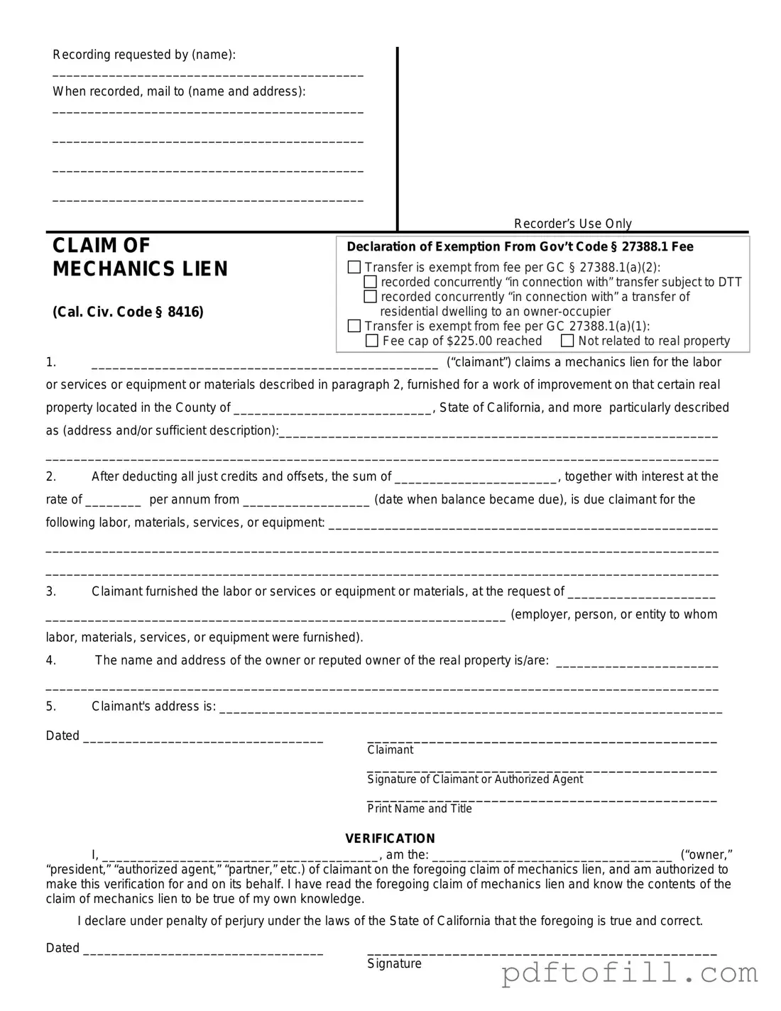 Free Mechanics Lien California PDF Form
