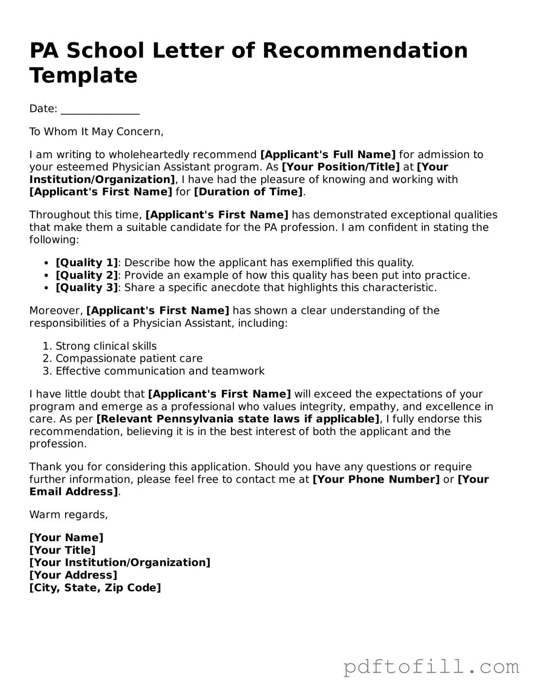 Printable PA School Letter of Recommendation Template