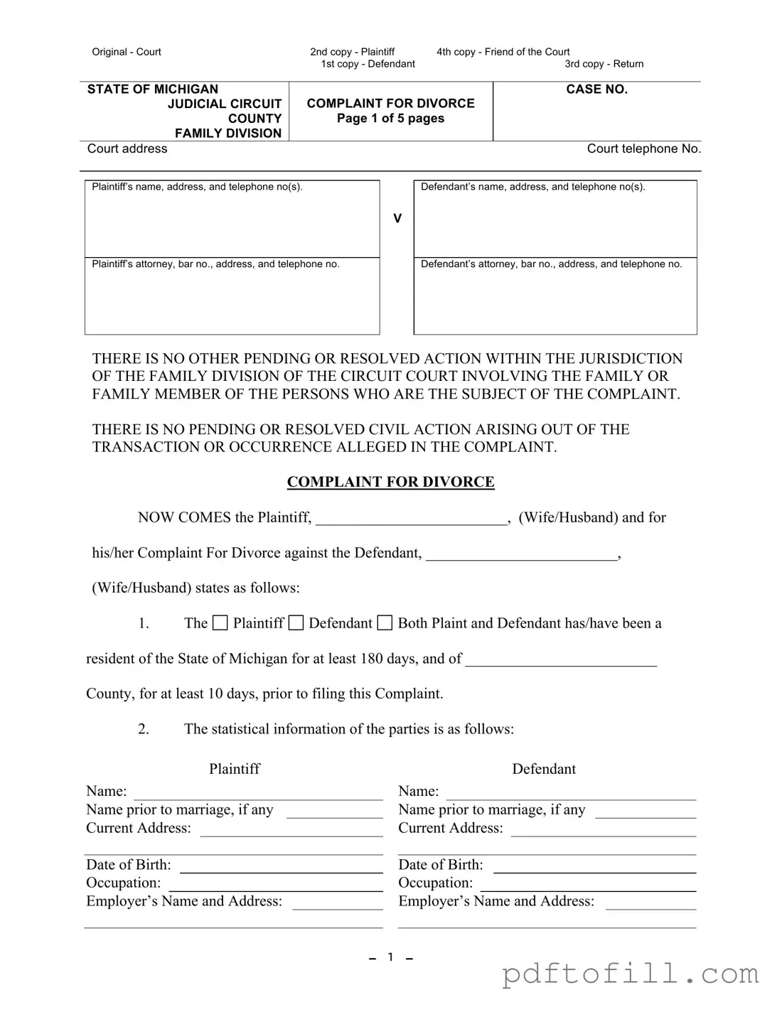 Free Michigan Complaint Divorce PDF Form