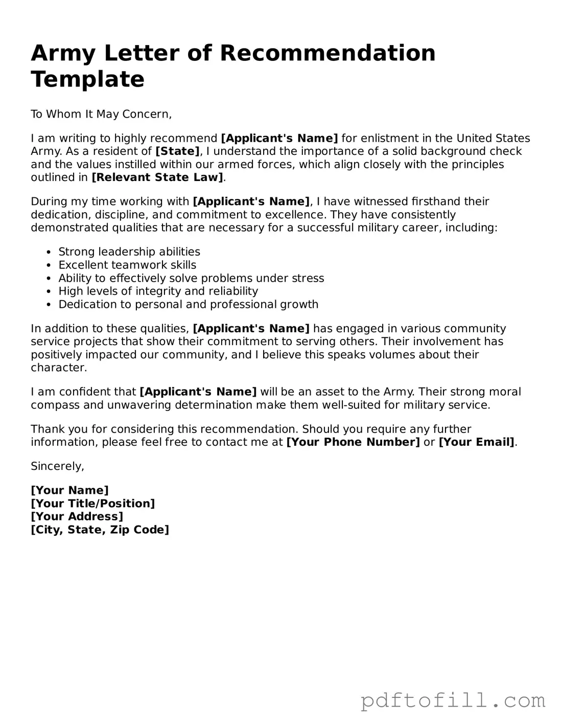 Printable Army Letter of Recommendation Template