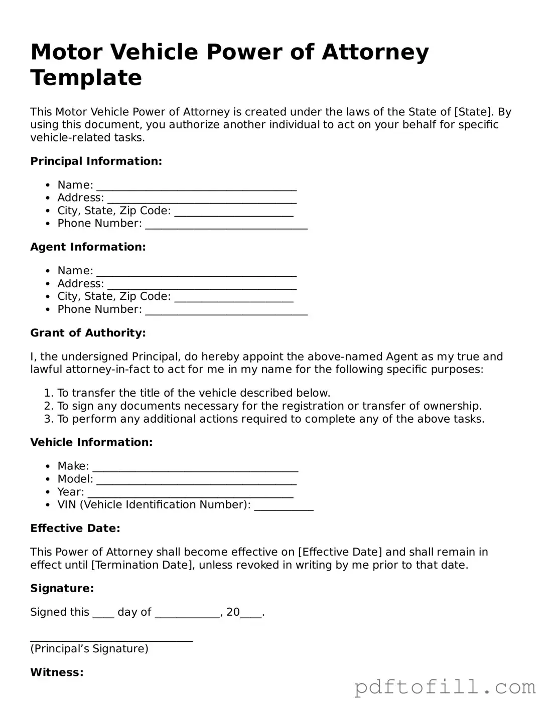 Printable Motor Vehicle Power of Attorney Template
