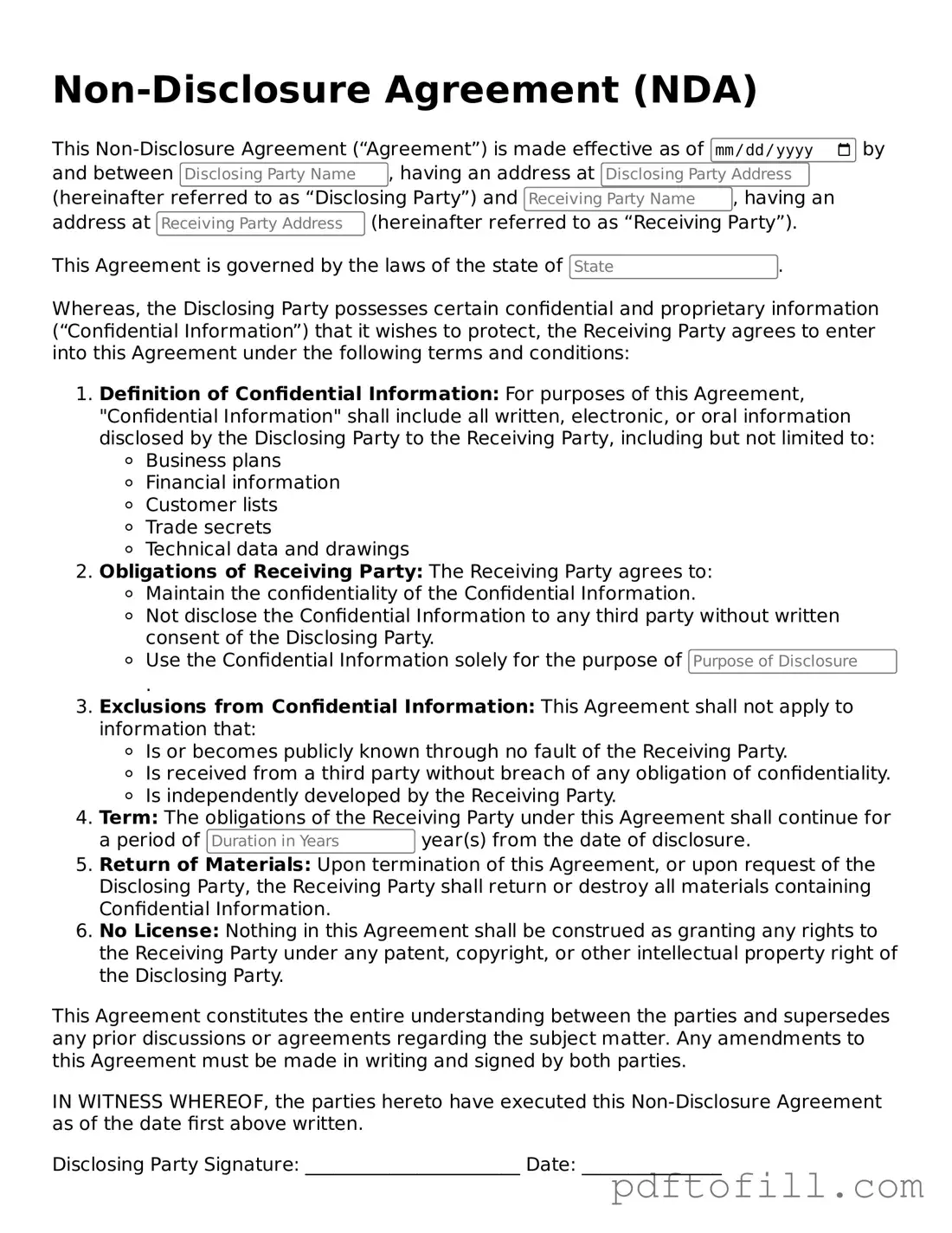 Printable Non-disclosure Agreement Template