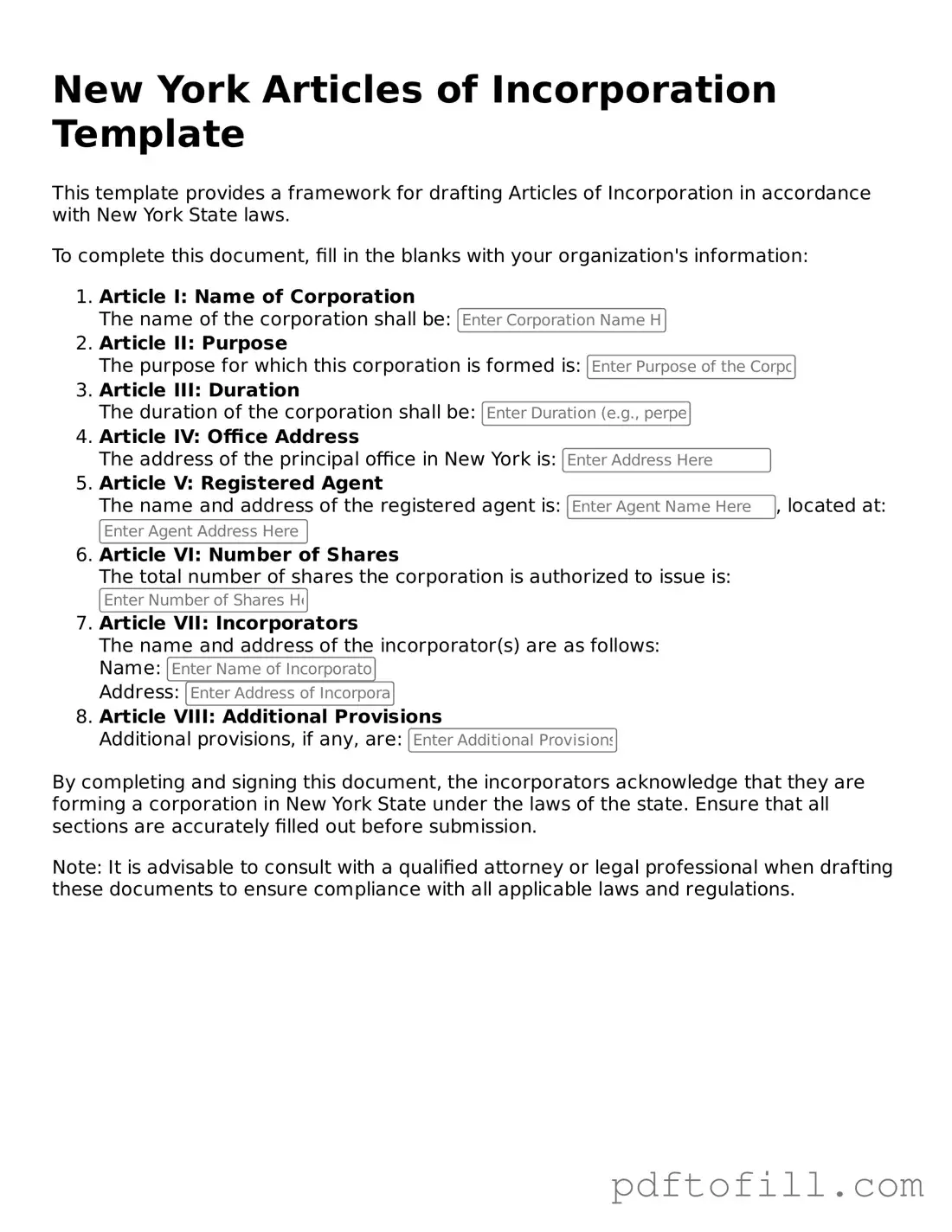 Official New York Articles of Incorporation Form