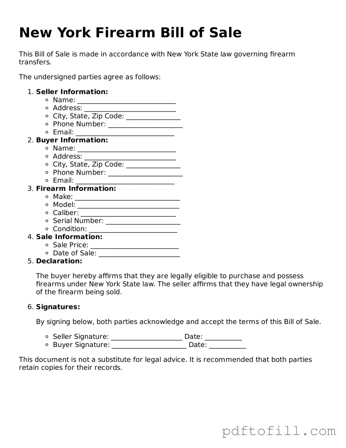 Official New York Firearm Bill of Sale Form