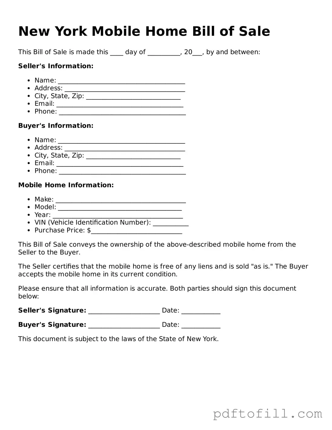 Official New York Mobile Home Bill of Sale Form