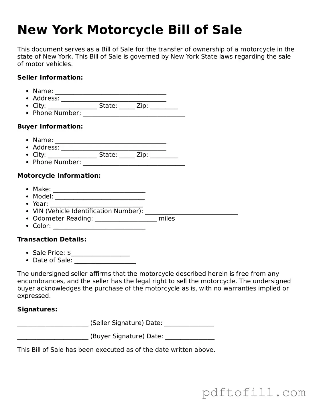 Official New York Motorcycle Bill of Sale Form