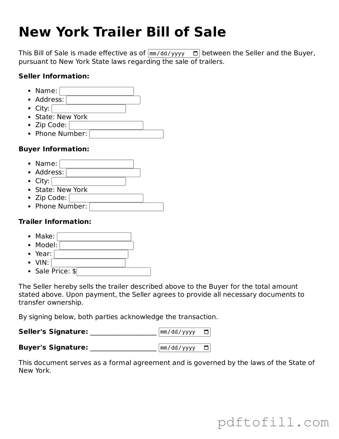 Official New York Trailer Bill of Sale Form