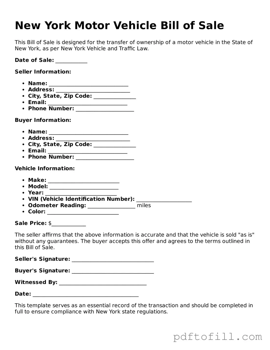 Official New York Motor Vehicle Bill of Sale Form
