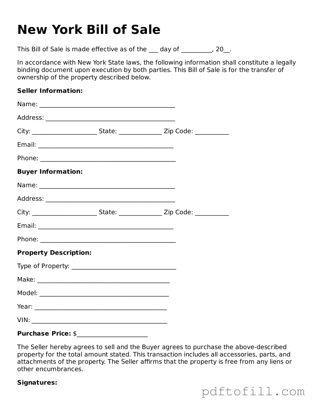 Official New York Bill of Sale Form