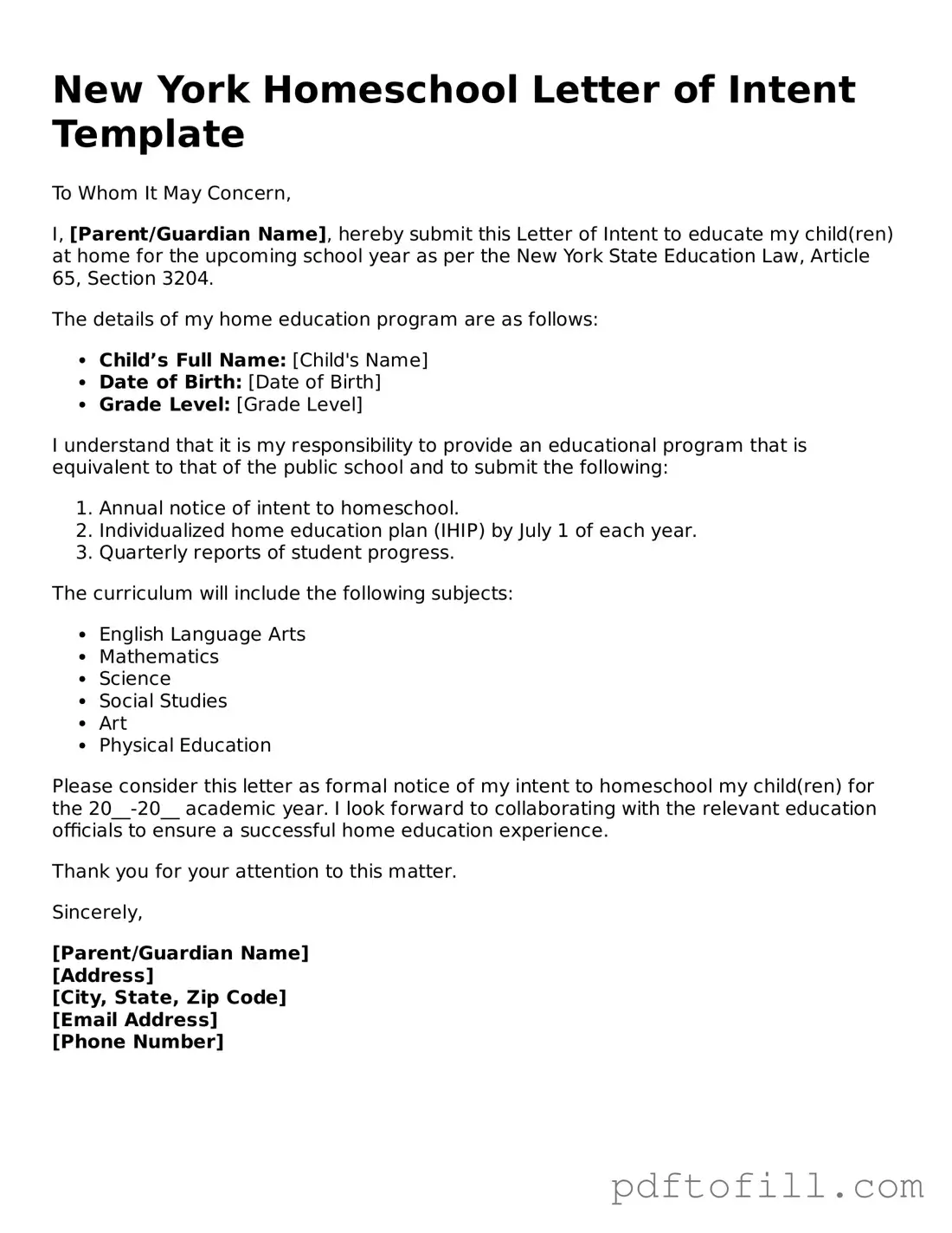 Official New York Homeschool Letter of Intent Form